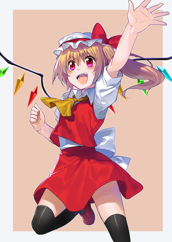 arm_up ascot bad_id bad_twitter_id black_legwear blonde_hair blush erubo fang flandre_scarlet hat open_mouth outstretched_hand red_eyes short_hair side_ponytail simple_background skirt skirt_set smile solo thighhighs touhou waving wings zettai_ryouiki