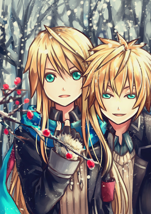 blonde_hair brown_hair chung_seiker coat deadly_chaser_(elsword) dual_persona elsword gloves green_eyes hair_flaps iron_paladin_(elsword) long_hair male_focus multicolored_hair multiple_boys redclow scarf smile snow streaked_hair symbol-shaped_pupils tree winter