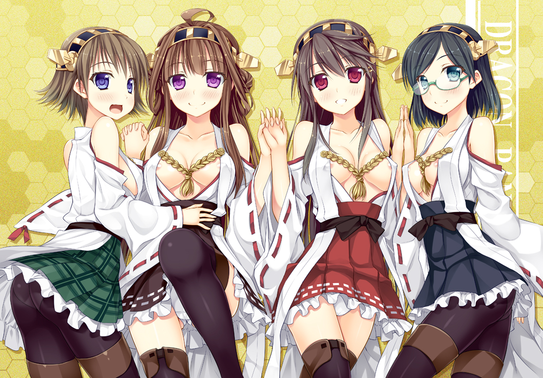 :d ahoge areolae ass bare_shoulders black_hair black_legwear blue_eyes blush boots breasts brown_hair cleavage covered_nipples detached_sleeves double_bun frilled_skirt frills glasses green_eyes hair_ornament hairband hands_together haruna_(kantai_collection) hiei_(kantai_collection) holding_hands japanese_clothes kantai_collection kirishima_(kantai_collection) kongou_(kantai_collection) long_hair looking_at_viewer medium_breasts minase_(dragon_panda) multiple_girls nontraditional_miko open_mouth panties panties_under_pantyhose pantyhose pantyshot plaid plaid_skirt purple_eyes red_eyes ribbon-trimmed_sleeves ribbon_trim short_hair skirt smile thigh_boots thighhighs underwear white_panties zettai_ryouiki