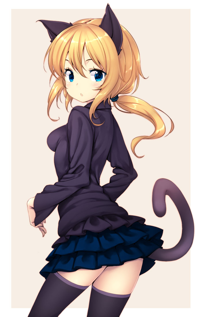 animal_ears blonde_hair blue_eyes cat_ears cat_tail long_hair looking_back original ponytail skirt solo standing tail thighhighs zettai_ryouiki zizi_(zz22)