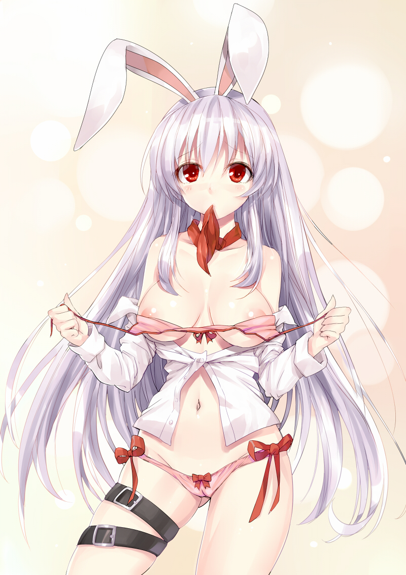 animal_ears areolae bare_shoulders blush bra breasts buckle bunny_ears clare_(543) holding large_breasts long_hair mouth_hold navel necktie nipples panties pink_bra pink_panties purple_hair red_eyes reisen_udongein_inaba shirt side-tie_panties simple_background solo thigh_strap touhou unbuttoned underwear untied white_shirt
