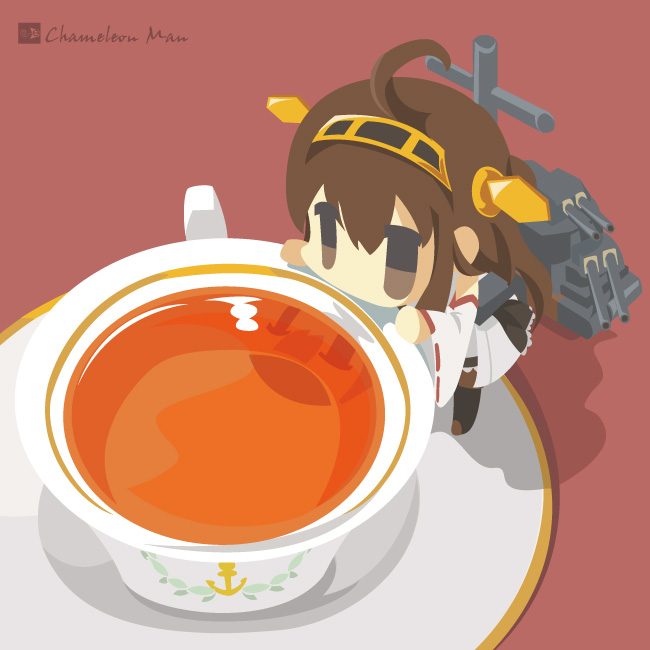 ahoge anchor artist_name bad_id bad_pixiv_id black_tea brown_eyes brown_hair chameleon_man_(three) chibi cup flat_color from_above hairband kantai_collection kongou_(kantai_collection) long_hair minigirl reflection solo tea teacup