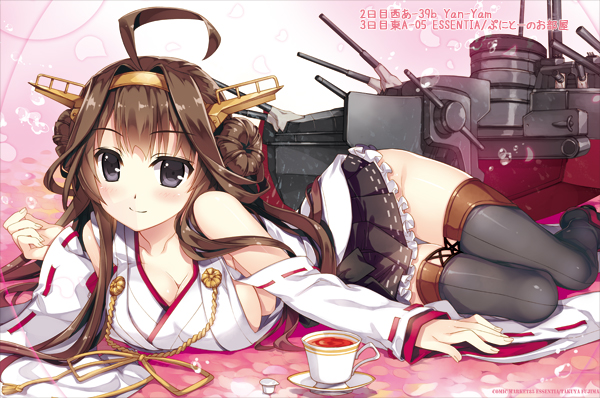 ahoge bare_shoulders blush boots breasts brown_hair cleavage cup detached_sleeves double_bun fujima_takuya hair_ornament hairband headgear japanese_clothes kantai_collection kongou_(kantai_collection) large_breasts long_hair looking_at_viewer nontraditional_miko pleated_skirt ribbon-trimmed_sleeves ribbon_trim skirt smile solo tea teacup thigh_boots thighhighs zettai_ryouiki