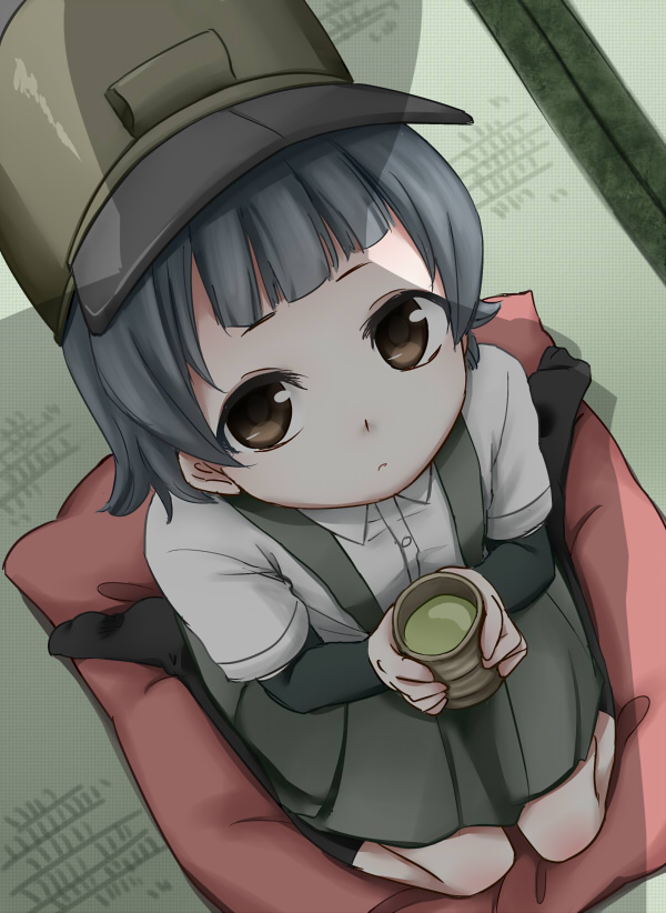 arare_(kantai_collection) black_hair cup from_above green_tea hat kantai_collection kojika_(hodohodoni) looking_at_viewer looking_up pillow school_uniform short_hair solo suspenders tea