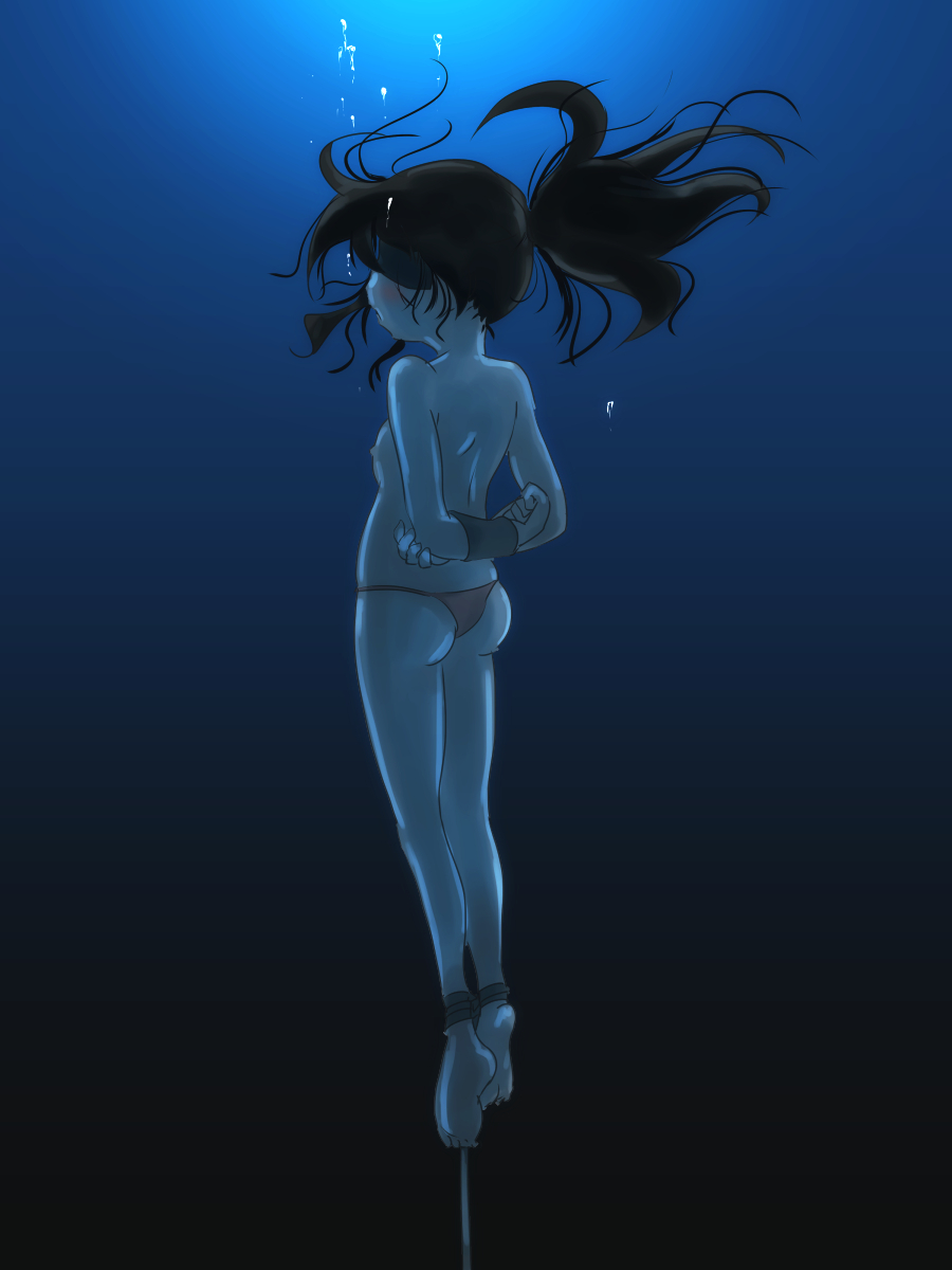 1girl armbinder arms_behind_back asphyxiation ass black_hair blindfold breasts drowning female h2o h2o_uw highres long_hair nipples original panties peril ponytail rope solo underwater underwear water