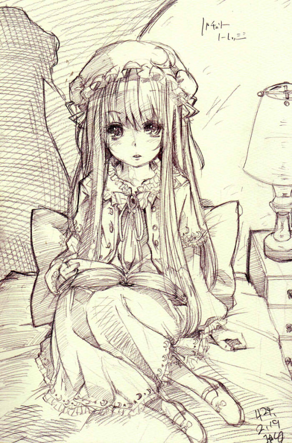 bed bow character_name commentary_request crescent crescent_hair_ornament dated hair_ornament hair_ribbon hat i-la lamp legs_folded light line_shading long_hair looking_at_viewer mary_janes monochrome nightstand on_bed pajamas patchouli_knowledge pillow reading ribbon shadow shoe_bow shoes sidelocks sitting solo star touhou traditional_media translated very_long_hair yokozuwari