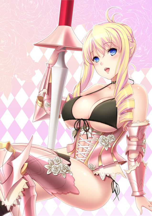 arm_support armor bare_shoulders bertille_althusser bikini black_bikini blonde_hair blue_eyes blush body_blush breasts choker cleavage corset drill_hair front-tie_top heart heart-shaped_pupils lance large_breasts lintanghaseo long_hair looking_at_viewer open_mouth polearm shiny shiny_skin side-tie_bikini smile solo strap_gap swimsuit symbol-shaped_pupils thighhighs twin_drills twintails walkure_romanze weapon