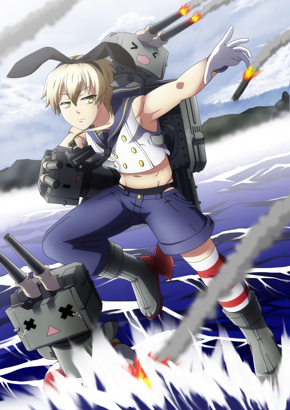 &gt;_&lt; anchor animal_ears asymmetrical_clothes battle black_panties blonde_hair bunny_ears cannon closed_eyes firing genderswap genderswap_(ftm) gloves hair_ornament hairband highres kantai_collection kneehighs lifebuoy midriff missile muzzle_flash ocean outstretched_hand panties ramzaroma rensouhou-chan sailor_collar shimakaze-kun shimakaze_(kantai_collection) short_hair shorts striped striped_legwear thighhighs underwear white_gloves x_x yellow_eyes |_|