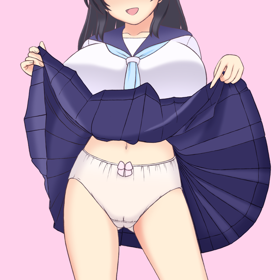 black_hair bow bow_panties breasts cameltoe head_out_of_frame large_breasts long_hair mario_(makoto) miniskirt navel neckerchief open_mouth original panties pleated_skirt school_uniform serafuku skirt skirt_lift smile solo standing underwear white_panties