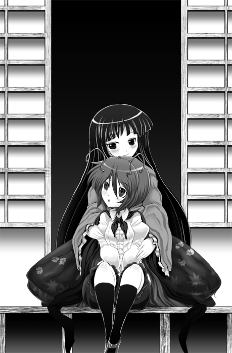 antennae bangs blunt_bangs blush cape dress_shirt greyscale houraisan_kaguya long_hair madara_inosuke monochrome multiple_girls shirt short_hair shorts sitting skirt smile touhou veranda wriggle_nightbug