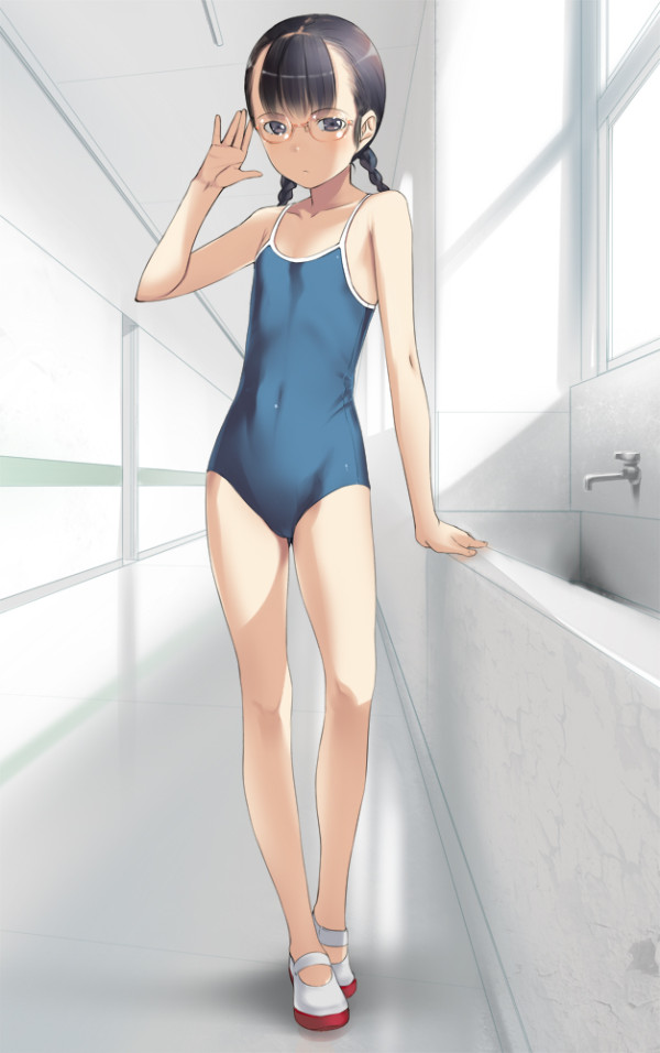 bare_shoulders black_hair blue_eyes braid cameltoe competition_school_swimsuit flat_chest glasses legs long_hair looking_at_viewer no_socks one-piece_swimsuit original school_swimsuit shoes sody solo standing swimsuit twin_braids uwabaki