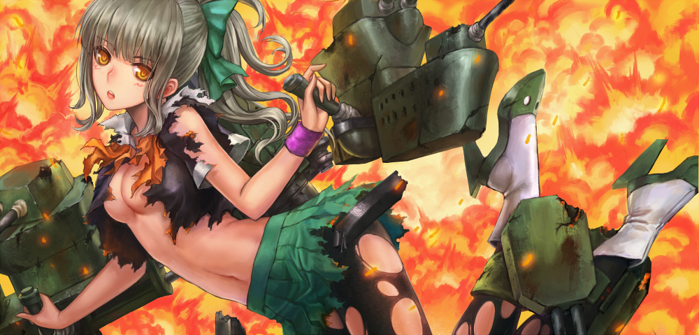 bangs black_legwear bow breasts brown_eyes cannon cleavage explosion grey_hair hair_bow high_heels infukun kantai_collection long_hair medium_breasts navel open_mouth pantyhose pleated_skirt ponytail skirt solo torn_clothes torn_legwear torn_skirt turret wristband yuubari_(kantai_collection)