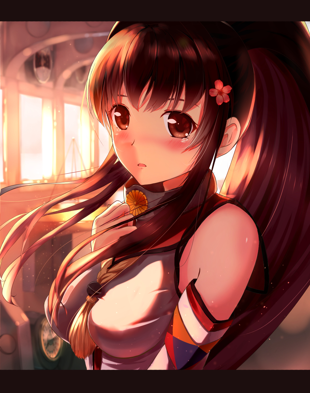 backlighting bad_id bad_pixiv_id blurry blush breasts brown_hair cherry_blossoms depth_of_field flower hair_flower hair_ornament highres interior kantai_collection large_breasts letterboxed long_hair okb329 ponytail ship smile solo sunset tears very_long_hair watercraft yamato_(kantai_collection)