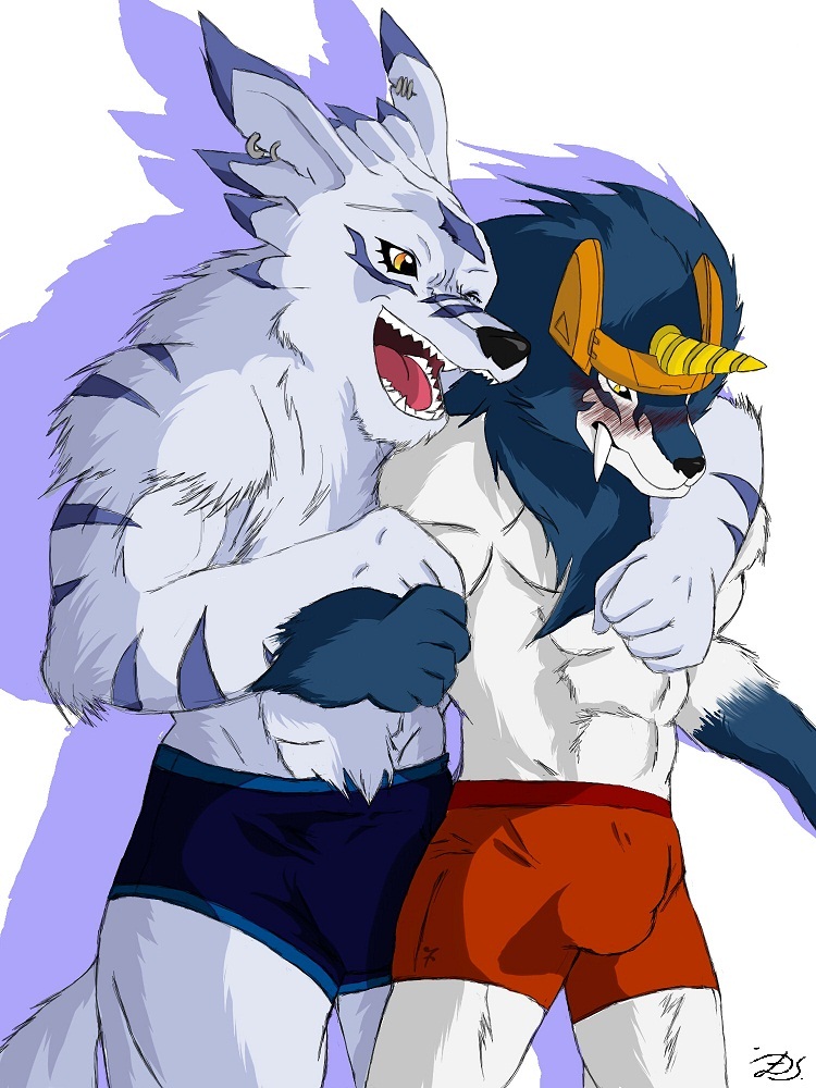 amber_eyes barazoku biceps big_muscles black_nose blue_fur blush body_markings boxers bromance brother bulge canine clothing cute digimon dorulumon dragonslash duo ear_piercing fangs fluffy fur garurumon gay grey_fur grin gripping headgear holding horn hug invalid_color kind male mammal markings muscles nude open_mouth pants partially_clothed pecs piercing pose purple_fur shorts sibling smile stripes teeth toned tongue topless tusks underwear were weregarurumon werewolf white_fur wolf yellow_eyes