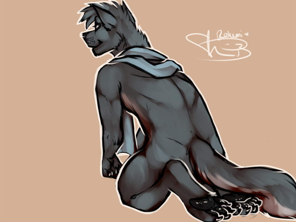 canine hindpaw kneeling lordwolfie male mammal nude paws rokemi scarf solo wolf