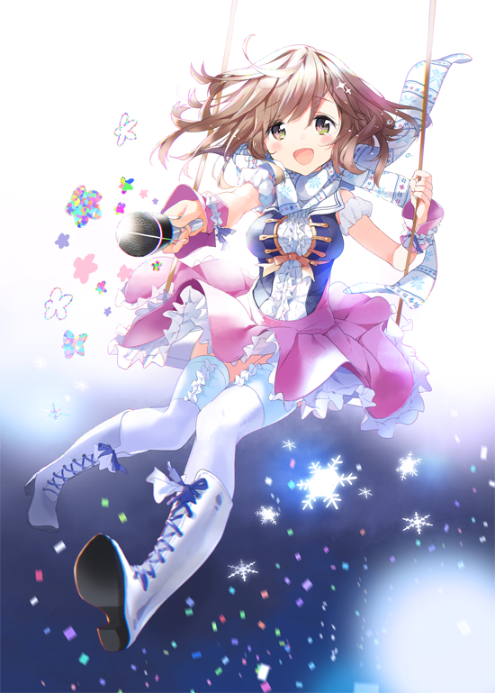 :d boots brown_eyes brown_hair flower looking_at_viewer microphone open_mouth original scarf short_hair skirt smile snowflakes solo thighhighs tiv white_legwear