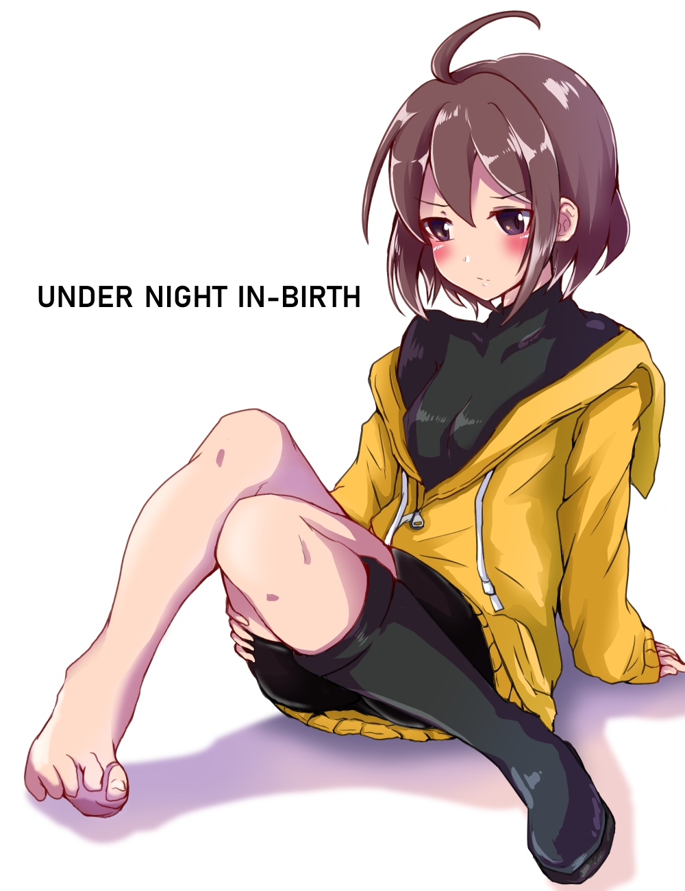 1girl ahoge barefoot bike_shorts blush boots breasts brown_hair commentary_request copyright_name erin_ixia feet full_body highres hood hoodie knee_boots knees_together_feet_apart linne off_shoulder purple_eyes shoes short_hair single_shoe sitting sleeves_past_wrists small_breasts solo toes under_night_in-birth