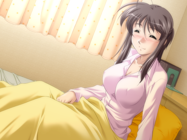 1girl bed binetsu_kyoushi_cherry breasts brown_hair hise_chirei large_breasts long_hair pajamas pillow yamane_masahiro zyx