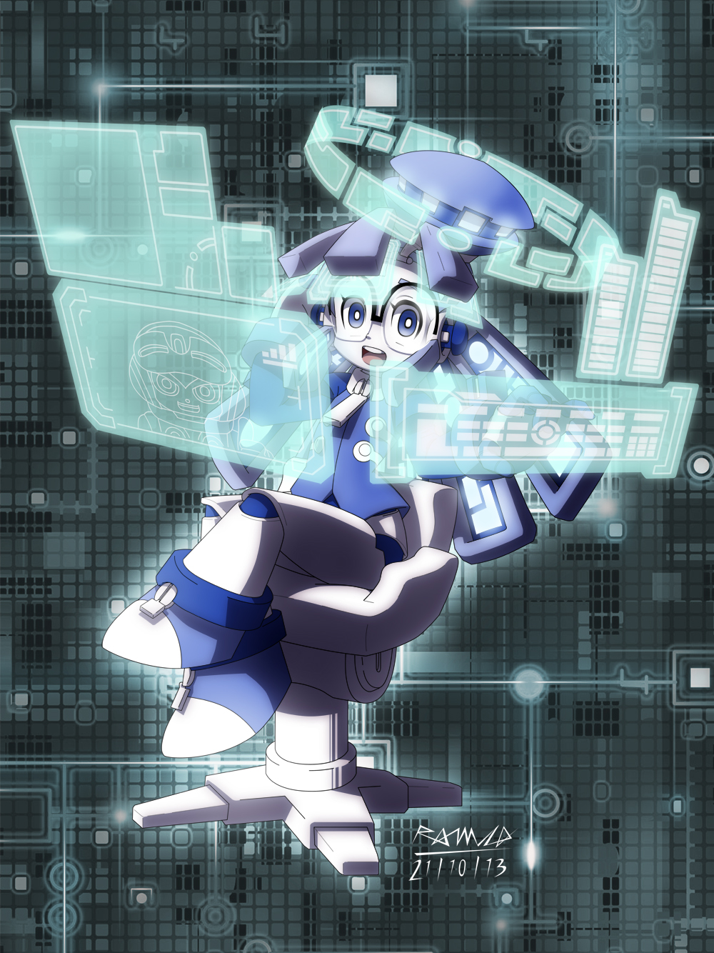 beret blue_eyes call_(mighty_no._9) call_b chair dated glasses hat highres holographic_interface holographic_monitor holographic_touchscreen mighty_no._9 over-rim_eyewear ramzaroma robot robot_joints semi-rimless_eyewear sitting solo