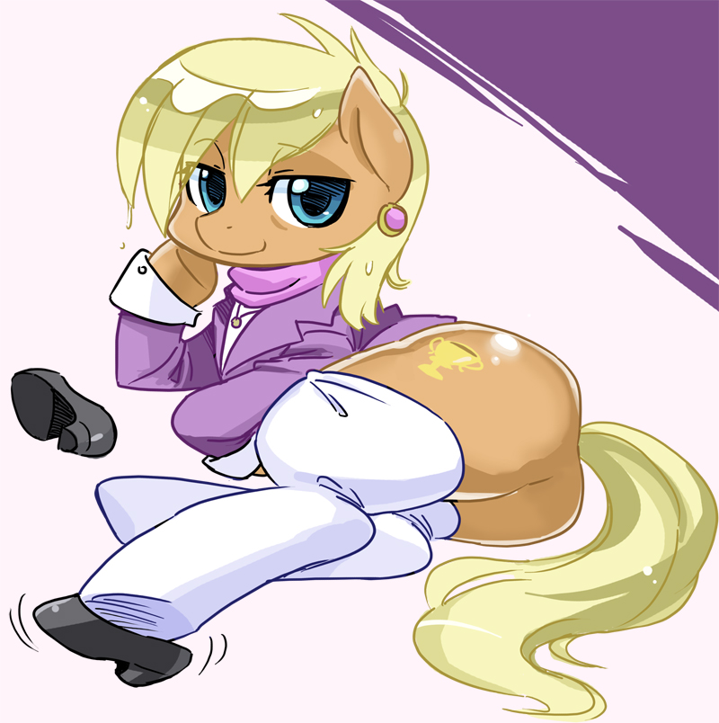 blonde_hair blue_eyes bottomless brown_fur clothing cutie_mark equine female friendship_is_magic fur hair horse legwear looking_at_viewer mammal ms_harshwhinny_(mlp) my_little_pony pony removing_shoes shepherd0821 shirt socks solo stockings suggestive wet