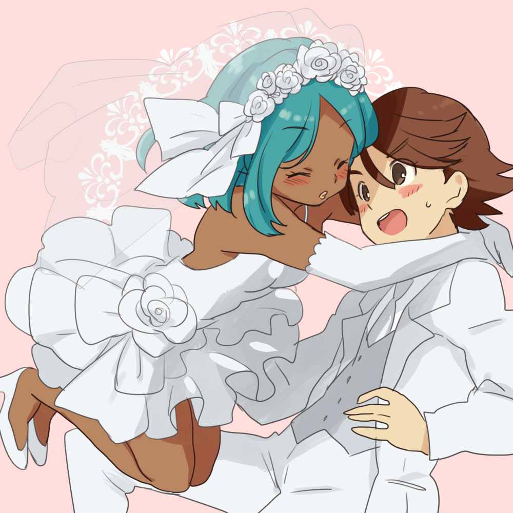 1girl bare_shoulders blue_hair blush bridal_veil brown_eyes brown_hair closed_eyes couple dark_skin dress elbow_gloves glomp gloves head_wreath hetero hug ichinose_kazuya inazuma_eleven inazuma_eleven_(series) long_hair saito_katuo short_hair urabe_rika veil wedding_dress