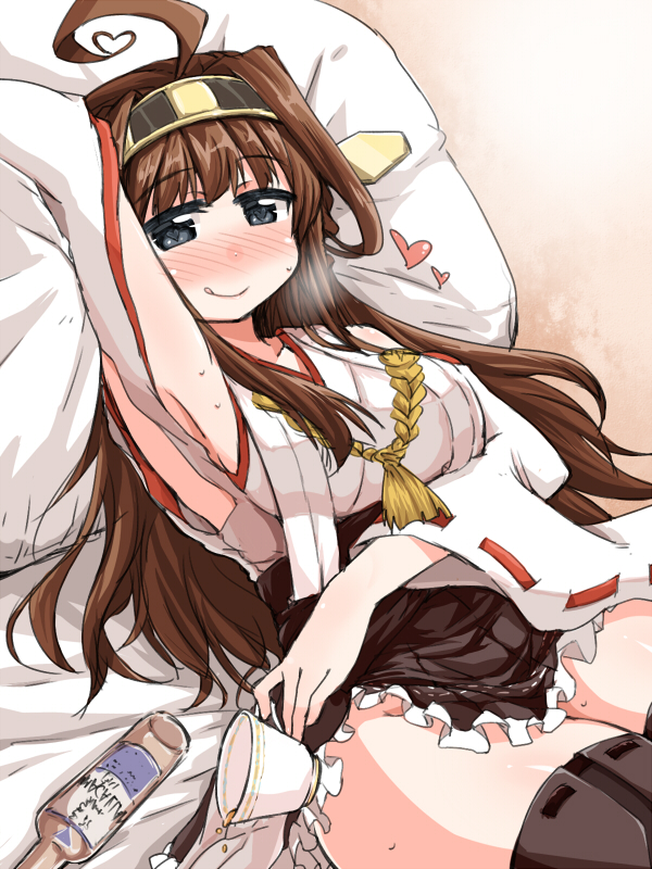 :q ahoge arm_up black_eyes blush brown_hair cup detached_sleeves double_bun frilled_skirt frills hairband heart heart-shaped_pupils heart_ahoge japanese_clothes kantai_collection kongou_(kantai_collection) long_hair naitou_kouse no_panties nontraditional_miko pillow ribbon-trimmed_sleeves ribbon_trim skirt smile solo spilling symbol-shaped_pupils teacup thighhighs tongue tongue_out zettai_ryouiki