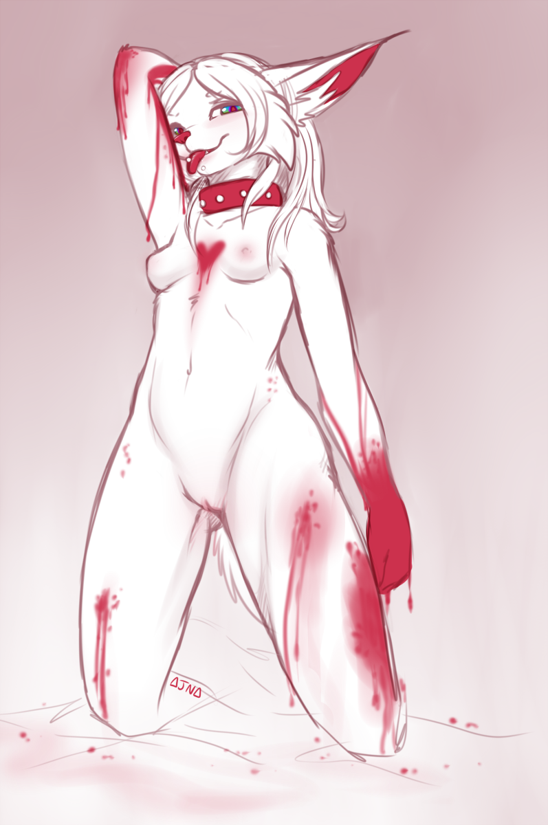 blood breasts canine collar female kneeling looking_at_viewer mammal nipples nude pussy solo tongue tongue_out