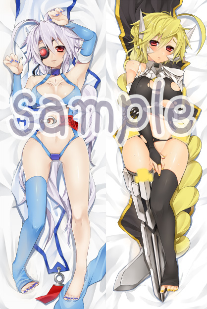 ahoge blazblue blonde_hair blush bodysuit cape dakimakura eyepatch lambda-11 mecha_musume multiple_girls nu-13 red_eyes sample silver_hair uzukinoko