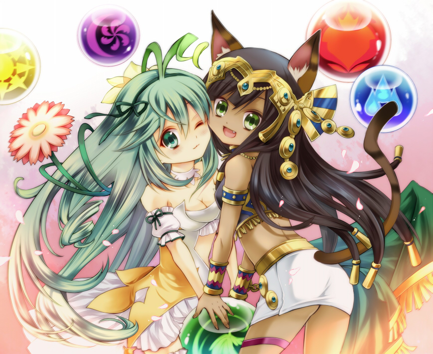 alraune_(p&amp;d) animal_ears bad_id bad_pixiv_id bastet_(p&amp;d) black_hair blush bracelet breasts cat_ears cat_tail cleavage dark_skin drill_hair egyptian fang flower green_eyes green_hair janne1230 jewelry long_hair looking_at_viewer midriff multiple_girls one_eye_closed open_mouth plant_girl puzzle_&amp;_dragons small_breasts tail