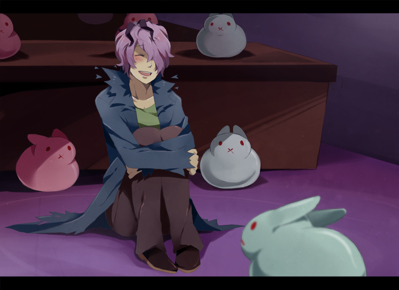 blush bunny closed_eyes coat desk garry_(ib) hair_over_one_eye ib impossible_clothes leg_hug male_focus one_eye_covered open_mouth pov shadow shoes sitting smile solo spoilers suikka teeth