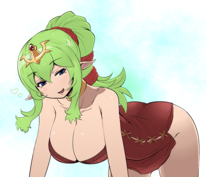 ass blue_eyes blush breasts chiki choker cleavage fire_emblem fire_emblem:_kakusei green_hair hair_ornament heart kara_age large_breasts long_hair looking_at_viewer mamkute naughty_face open_mouth pointy_ears ponytail smile solo thighs