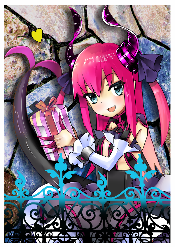 blue_eyes claws detached_sleeves dress elizabeth_bathory_(fate) elizabeth_bathory_(fate)_(all) fate/extra fate/extra_ccc fate_(series) gift horns long_hair ninzin-no-heta pink_hair pointy_ears solo tail two_side_up