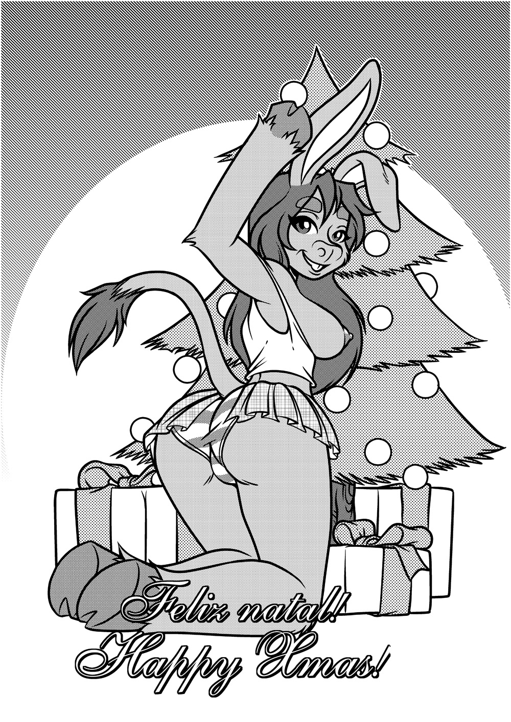 breasts christmas christmas_tree clothing donkey equine female greyscale holidays hooves linnopron looking_back mammal monochrome nipples panties smile solo text tree underwear upskirt