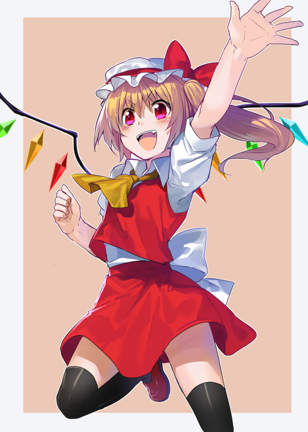 arm_up ascot black_legwear blonde_hair blush erubo fang flandre_scarlet hat open_mouth outstretched_hand red_eyes revision short_hair side_ponytail simple_background skirt skirt_set smile solo thighhighs touhou waving wings zettai_ryouiki
