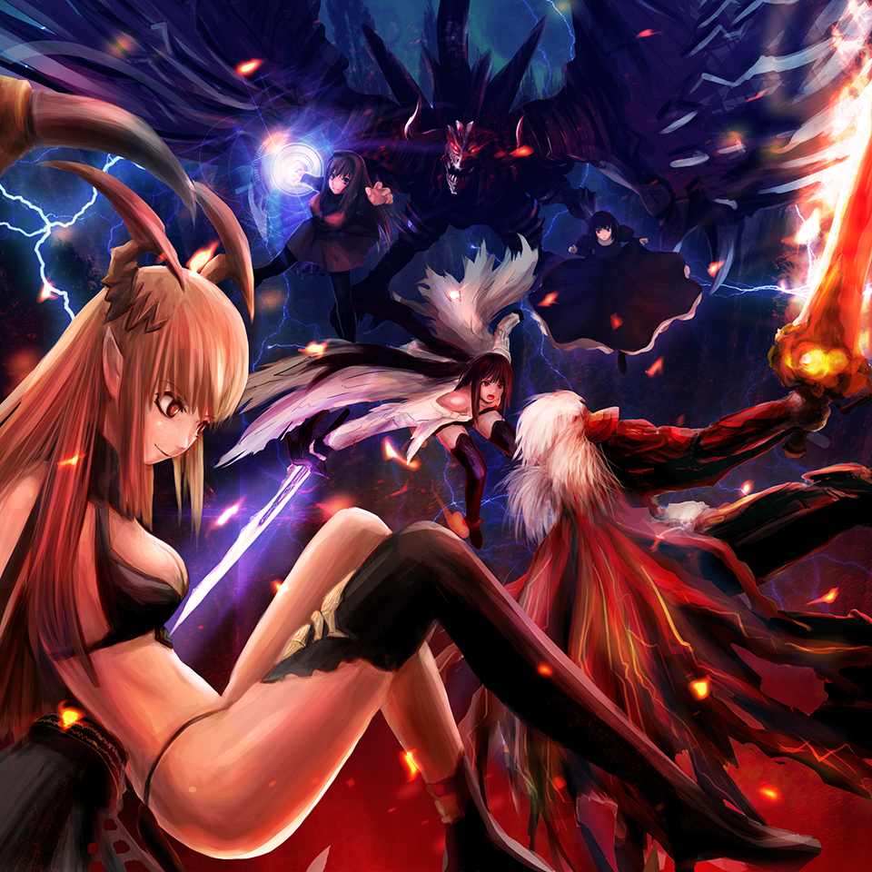 ame-kan aozaki_aoko blonde_hair breasts character_request demon demon_girl demon_horns glowing glowing_sword glowing_weapon horns huge_weapon kuonji_alice long_hair lord_of_vermilion lord_of_vermilion_2 magic_circle mahou_tsukai_no_yoru medium_breasts multiple_girls nido pointy_ears red_eyes rishia succubus_(lord_of_vermilion) sword thighhighs weapon