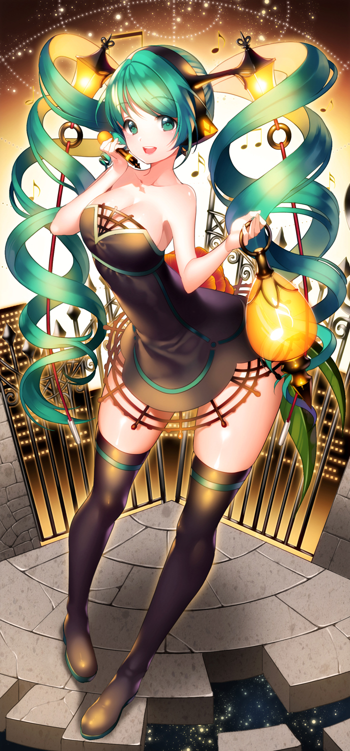 aile_(crossroads) beamed_eighth_notes boots breasts cleavage dress drill_hair eighth_note gate green_eyes green_hair hatsune_miku highres lamp_miku lantern large_breasts long_hair musical_note pigeon-toed sixteenth_note solo strapless strapless_dress thigh_boots thighhighs twintails very_long_hair vocaloid