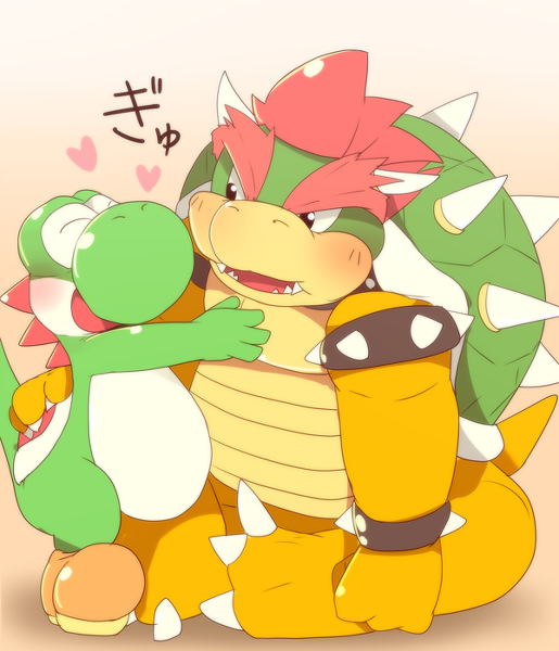 blush bowser hug japanese_text koopa male mario_bros nintendo overweight scalie text unknown_artist video_games yoshi