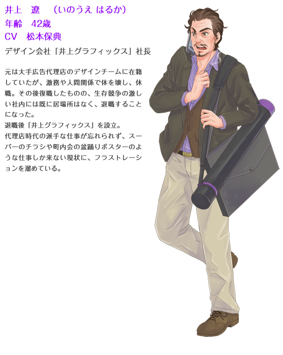 beard bohe brown_eyes brown_hair cellphone character_name character_profile facial_hair inoue_haruka jacket mahou_chuunen_ojimajo_5 male_focus mustache open_mouth phone smartphone solo stats translated transparent_background