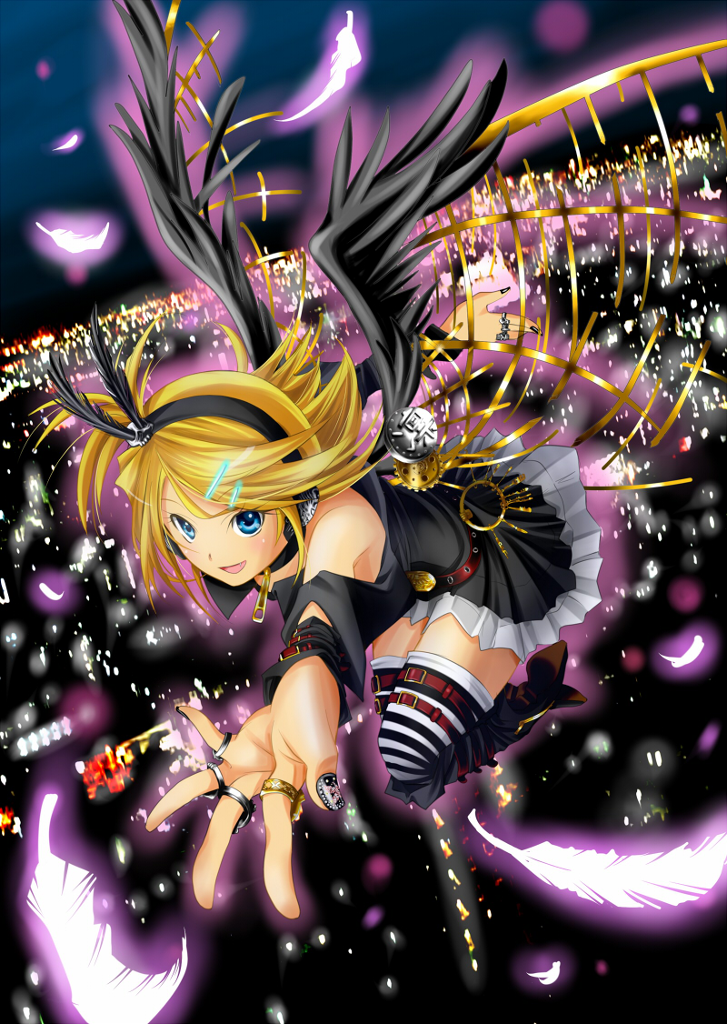 alternate_costume arm_belt bad_id bad_pixiv_id bare_shoulders belt belt_buckle black_dress black_nails black_wings blonde_hair blue_eyes boots buckle choker city_below city_lights dress fang feathers flying glowing_feather graphite_(medium) hair_ornament hairband hairclip headphones high_heel_boots high_heels i-la jewelry kagamine_rin key keyring knee_boots leg_belt mechanical_wings mechanical_wings_exposed midair mixed_media nail_art nail_polish night open_mouth outline outstretched_hand ring skull_hair_ornament solo striped striped_legwear thigh_strap thighhighs traditional_media vocaloid wings zettai_ryouiki