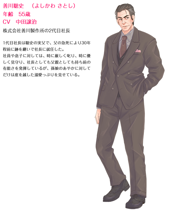 black_hair bohe character_name character_profile formal hand_in_pocket mahou_chuunen_ojimajo_5 male_focus necktie smile solo standing stats suit translation_request transparent_background yoshikawa_satoshi