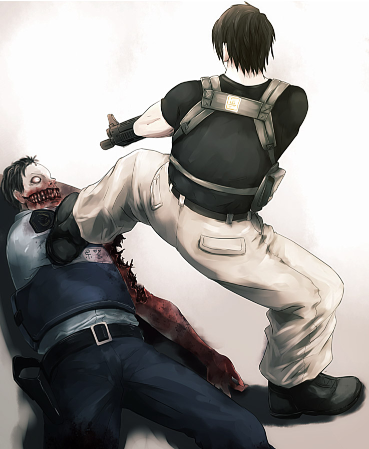 belt black_gloves bodysuit brown_hair buckle commentary_request from_behind gloves gun guro imawabi_no_dakini multiple_boys onibi_(foxhound4185) pants pocket shirt short_sleeves sig_552 sig_sauer spread_legs t-shirt undead weapon zombie