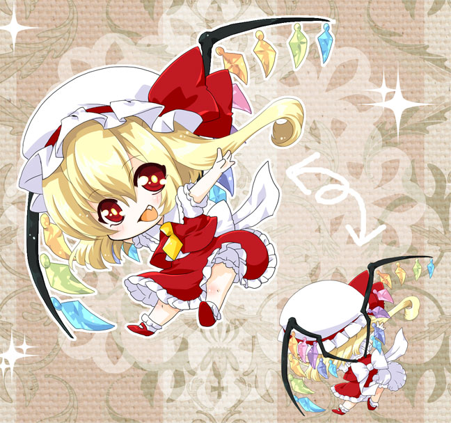 blonde_hair bloomers chibi fang flandre_scarlet flying hina-uta looking_at_viewer outstretched_arms petticoat red_eyes short_hair side_ponytail skirt skirt_set spread_arms touhou underwear wings