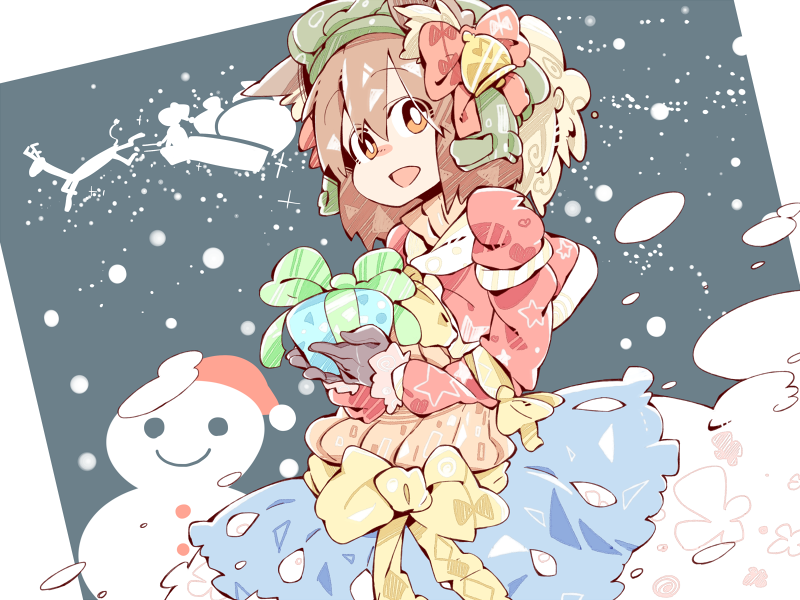 brown_eyes brown_hair coat gift gloves hagiwara_yukiho hat idolmaster idolmaster_(classic) ribbon smile snowman solo sutores741