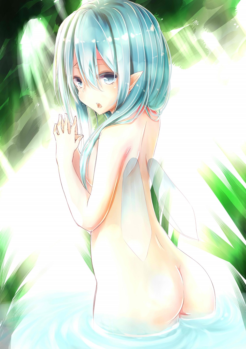 aqua_eyes aqua_hair ass bad_id bad_pixiv_id breasts highres neko_sensha nude open_mouth original pointy_ears sideboob small_breasts solo standing wading wings