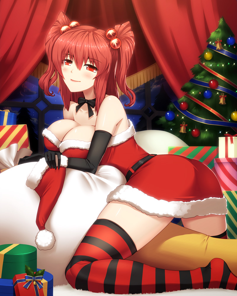 alternate_costume bare_shoulders breasts choker christmas christmas_tree cleavage fumizuki_homura gift hair_bobbles hair_ornament hat hat_removed headwear_removed large_breasts looking_at_viewer onozuka_komachi red_eyes red_hair santa_costume santa_hat short_hair solo striped striped_legwear thighhighs touhou two_side_up
