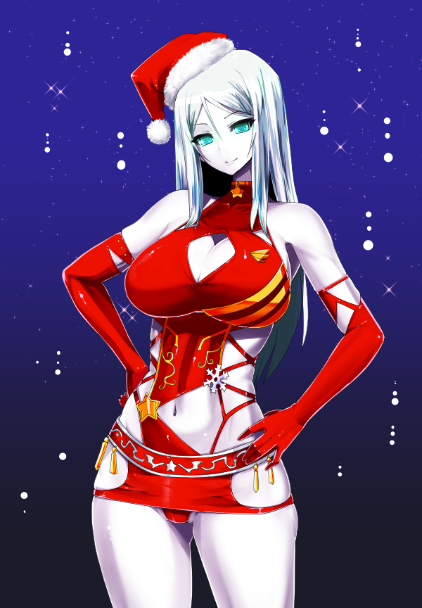 aqua_eyes bodycon breasts christmas cleavage cleavage_cutout cowboy_shot dress elbow_gloves gloves hands_on_hips hat ishimiso_(ishimura) kantai_collection large_breasts long_hair looking_at_viewer navel pale_skin red_dress red_gloves santa_hat shinkaisei-kan short_dress sideboob silver_hair smile snowing solo ta-class_battleship