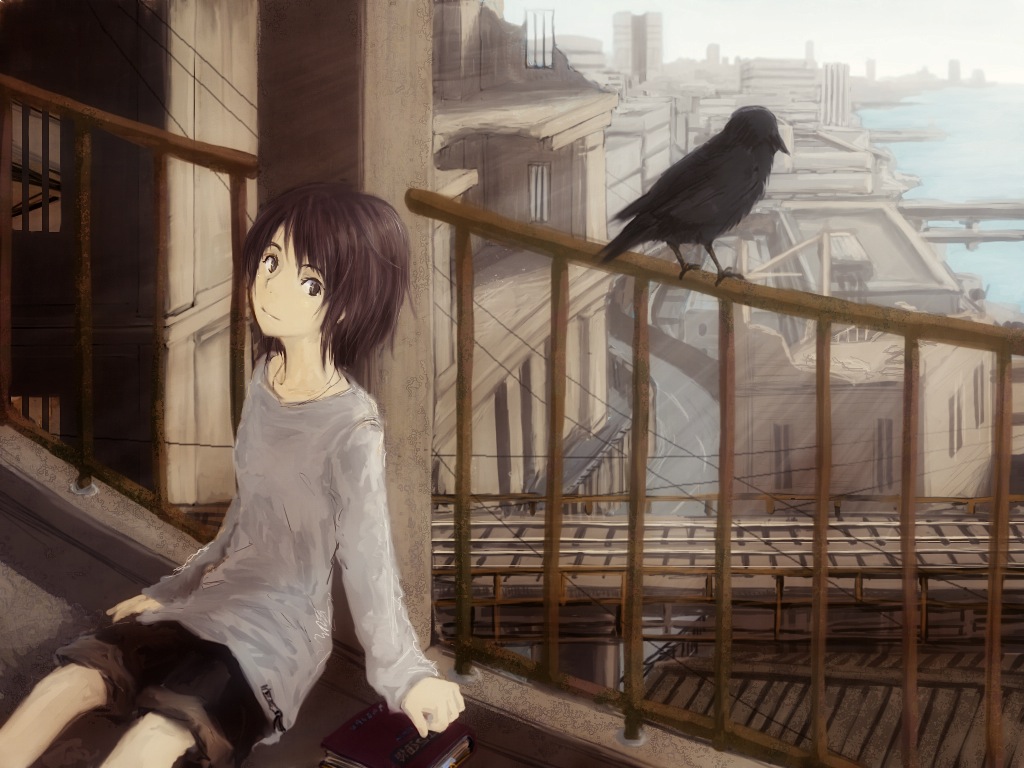 animal bird book brown_eyes brown_hair building city original shirt short_hair shorts water yoshidaworks