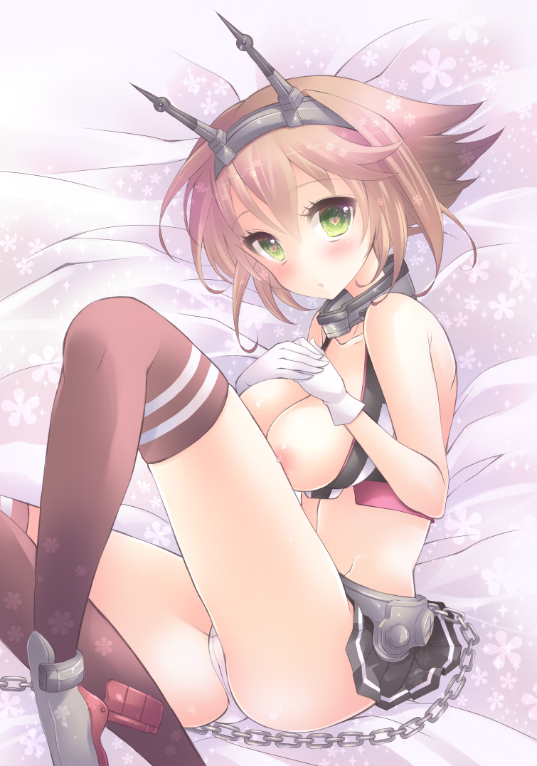 breasts brown_hair chain gloves green_eyes headgear heart heart-shaped_pupils kantai_collection large_breasts midriff mutsu_(kantai_collection) nipples panties parted_lips pocopoco short_hair solo symbol-shaped_pupils thighhighs underwear white_panties
