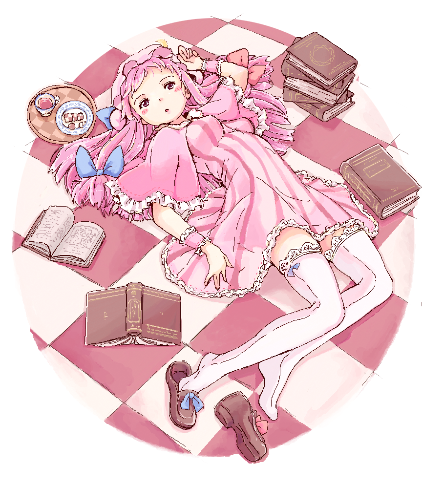 book book_stack bow breasts capelet checkered checkered_floor circle hair_bow hat lace lace-trimmed_thighhighs leo_hariyoru loafers long_hair lying medium_breasts oekaki on_back on_floor patchouli_knowledge pink_eyes pink_hair shoe_dangle shoes single_shoe solo striped thighhighs touhou vertical_stripes white_legwear wrist_cuffs