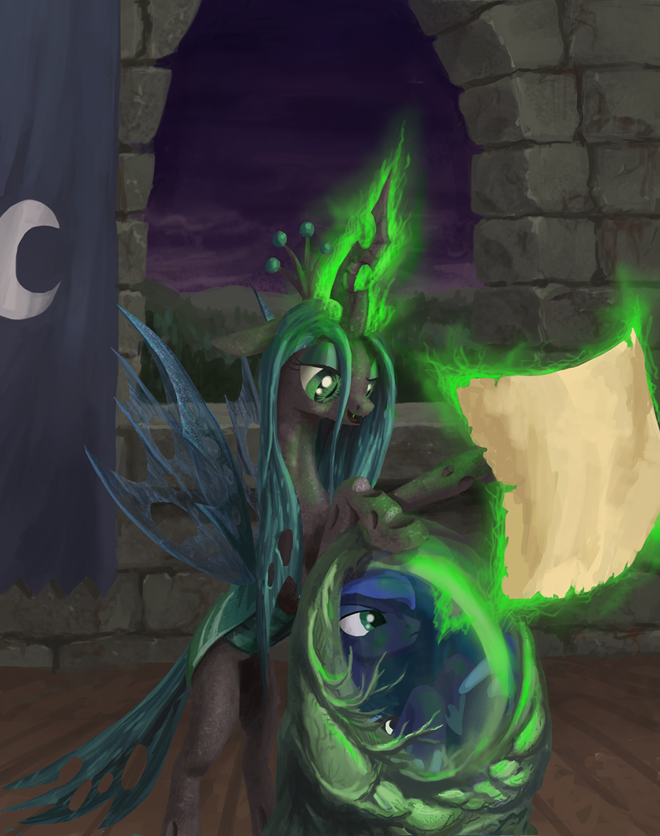 blue_eyes cannibalus cat_eyes changeling dark equine eyeshadow female friendship_is_magic glowing green_eyes green_hair hair holes horse levitation long_hair magic makeup mammal my_little_pony night outside paper pod pony princess_luna_(mlp) queen_chrysalis_(mlp) sky slit_pupils straight_hair window wings